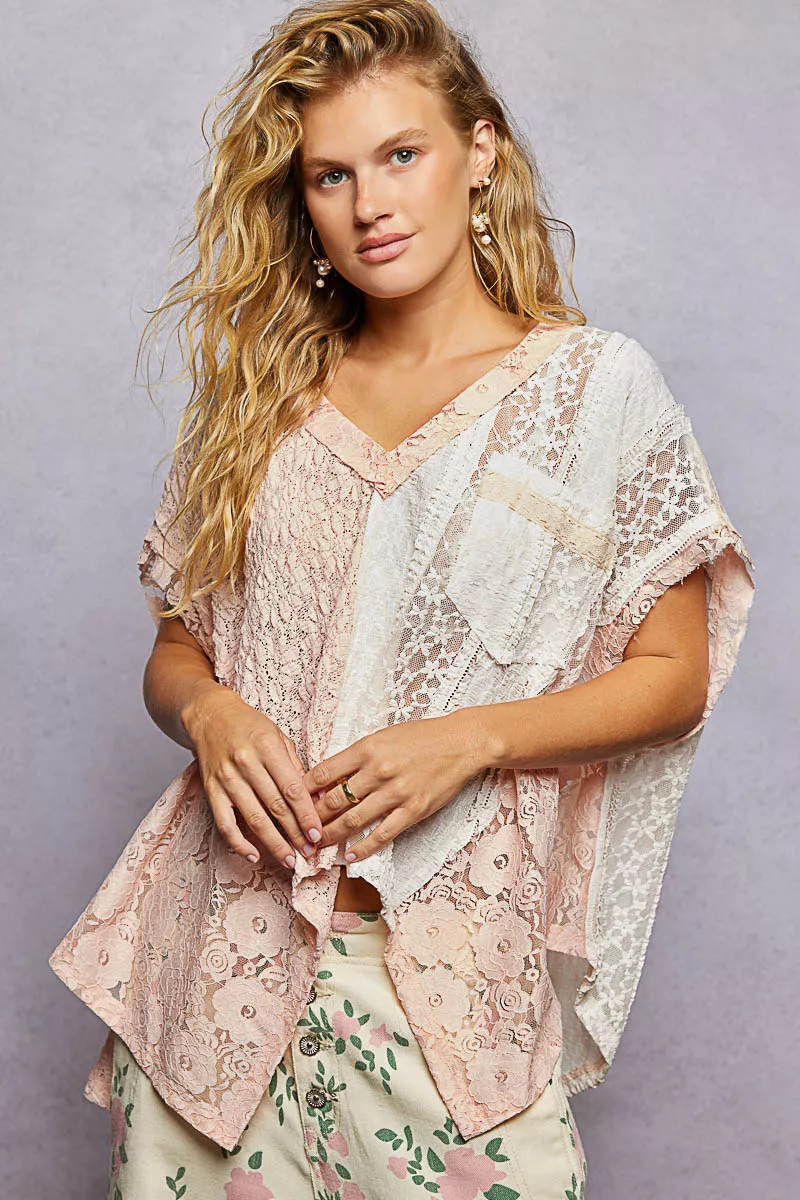 POL Asymmetrical V-Neck Short Sleeve Lace Top