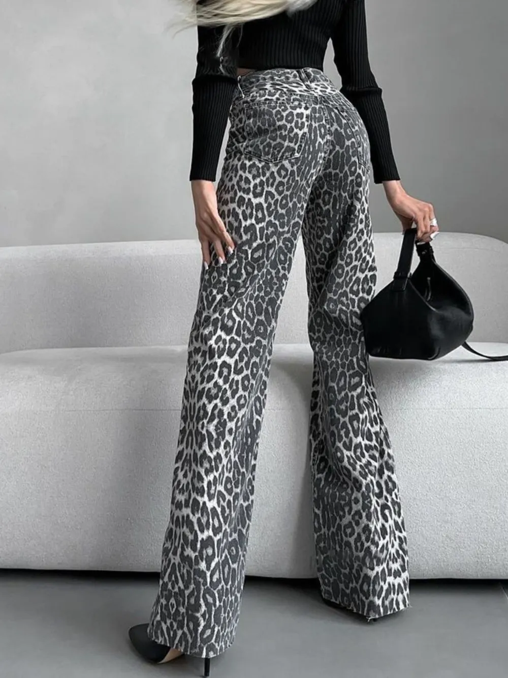 High-Waisted Leopard Print Flare Jeans secondary