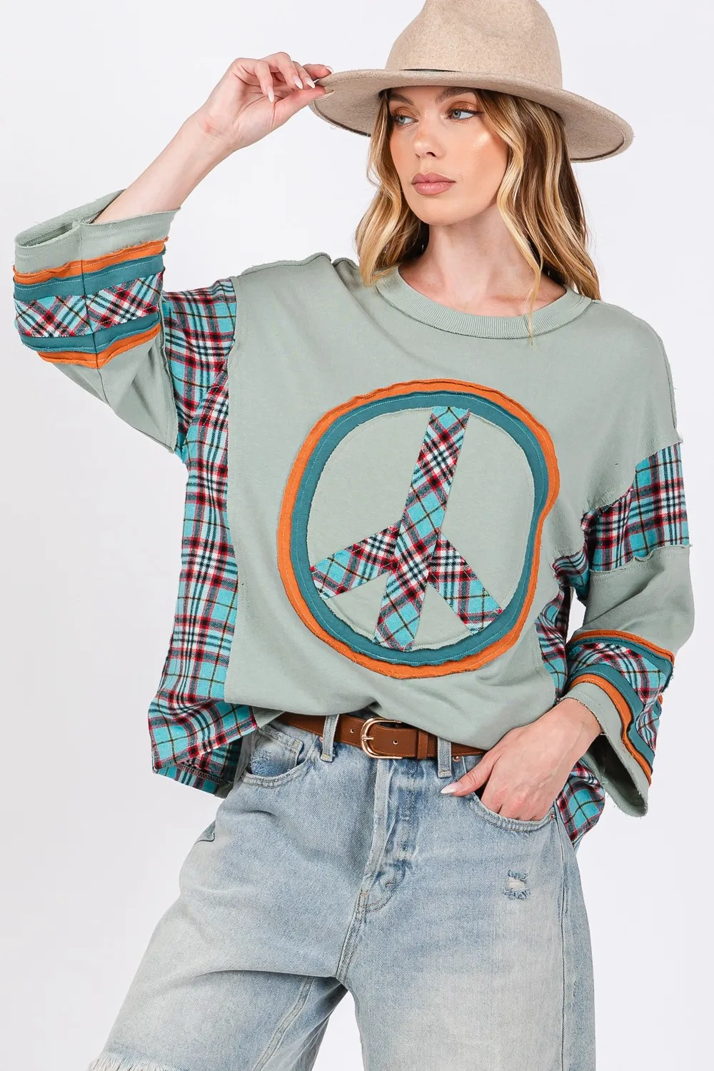 Sage + Fig Peace Applique Patch Contrast Plaid Top