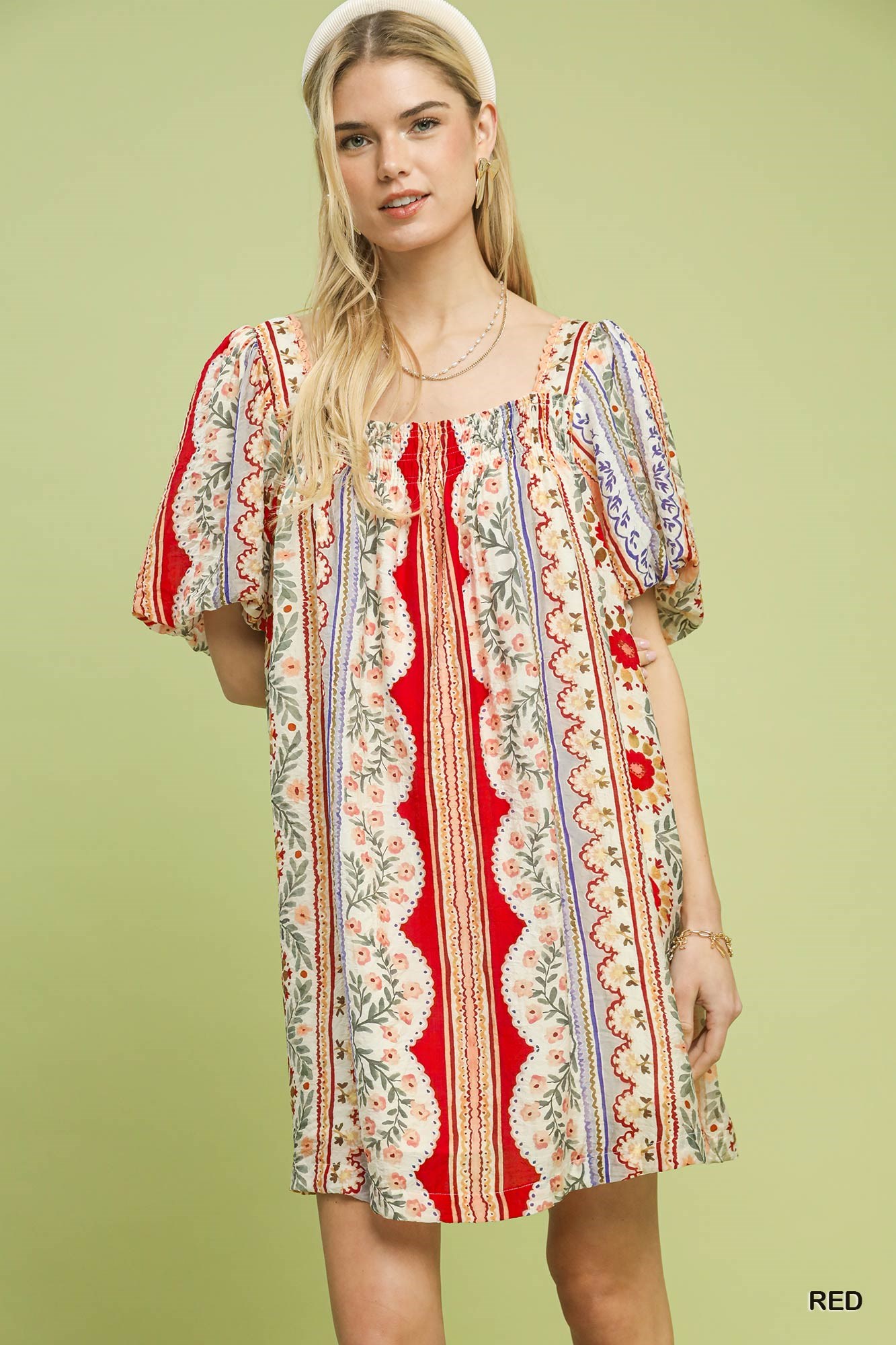 Umgee Mixed Print Puff Sleeve Mini Dress