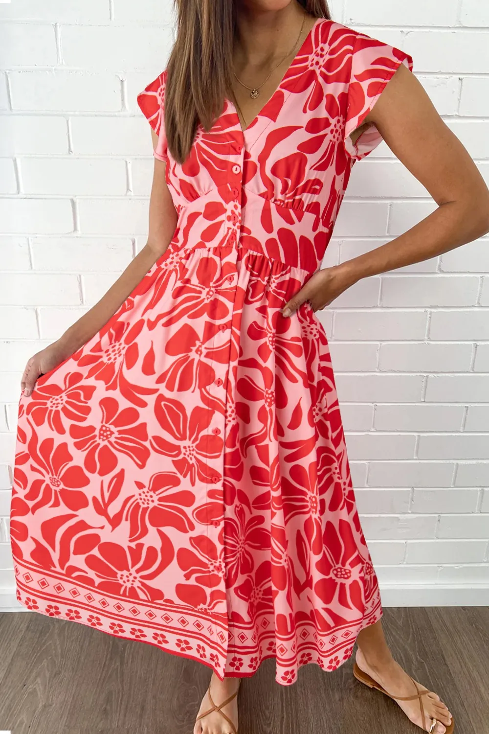 Floral Ruffled V-Neck Midi Dress with Button Front