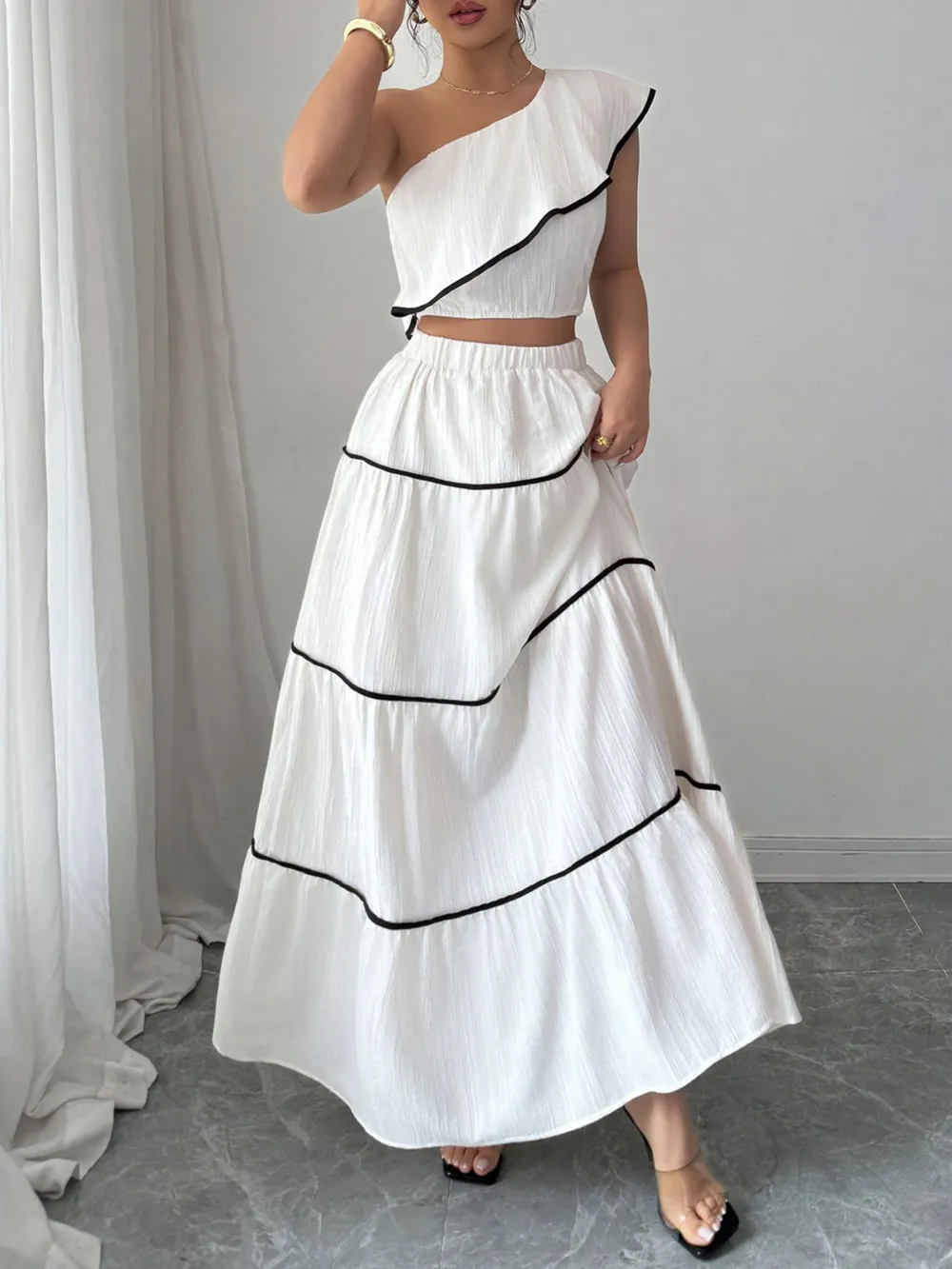 One-Shoulder Ruffle Top and Skirt Two-Piece Set