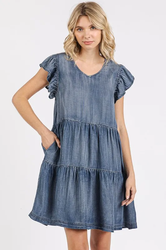 Mittoshop V-Neck Ruffled Cap Sleeve Mini Dress