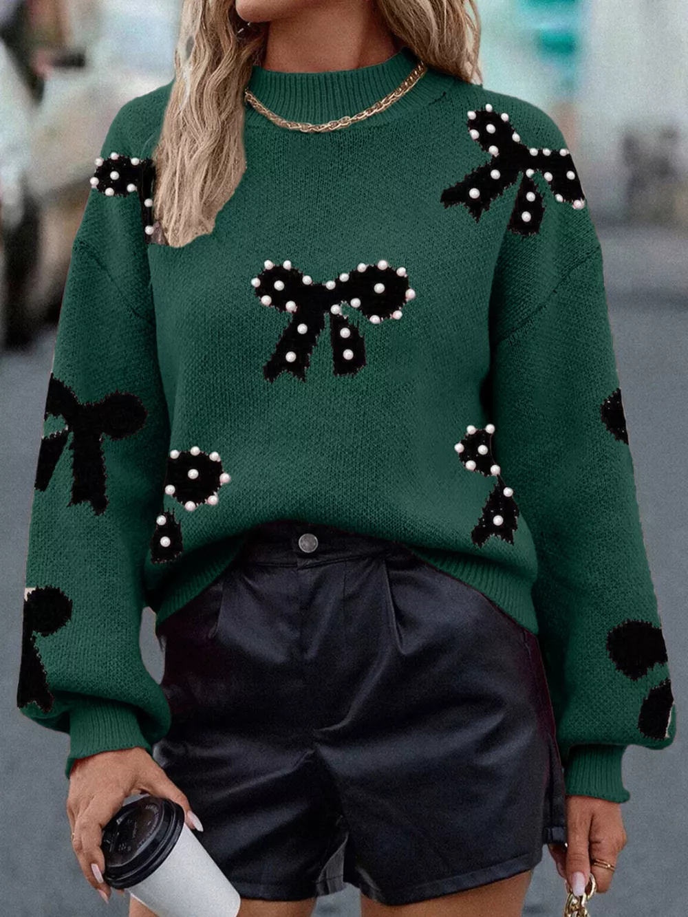 Pearl Bow-Embellished Long Sleeve Sweater