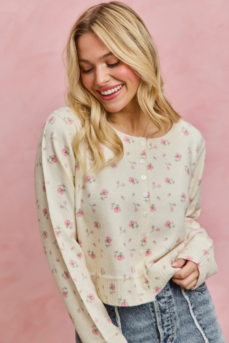 SO ME Floral Print Button Down Sweater Cardigan