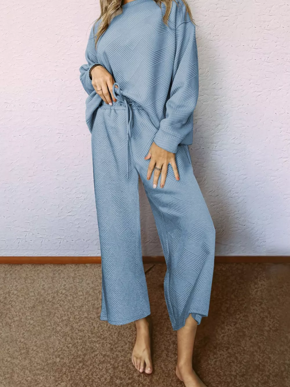 Loose Textured Top and Pants 2pcs Outfit Set