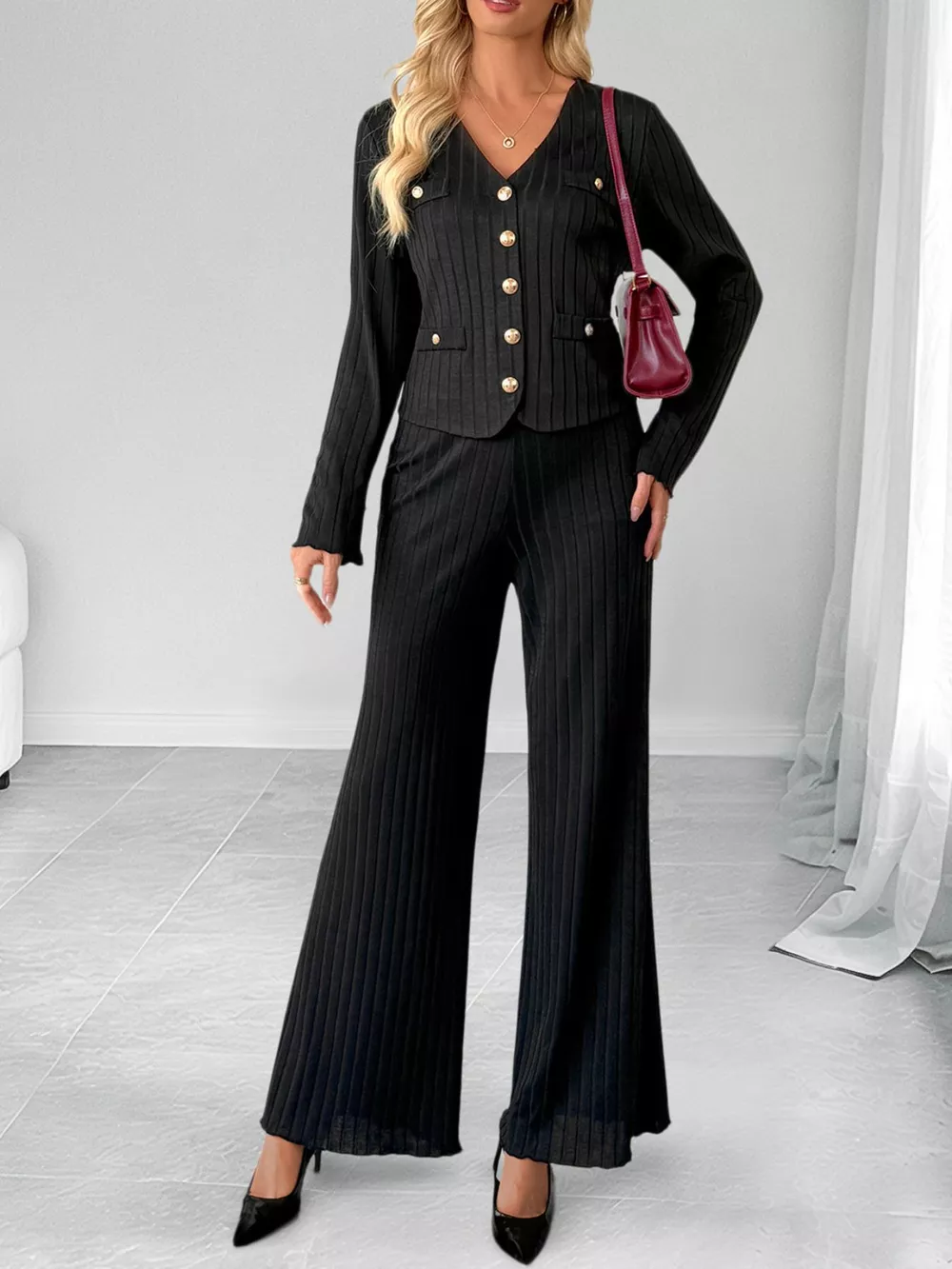 Ribbed Knit Cardigan & Wide Leg Pants Set