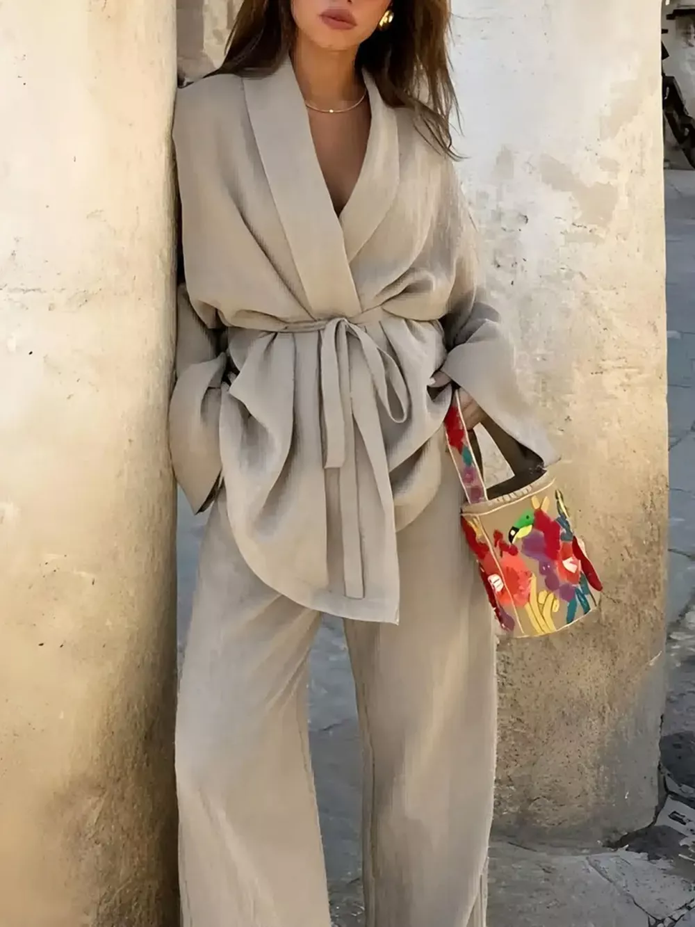 Plus Size Belt Long Sleeve Blazer and Pants Set