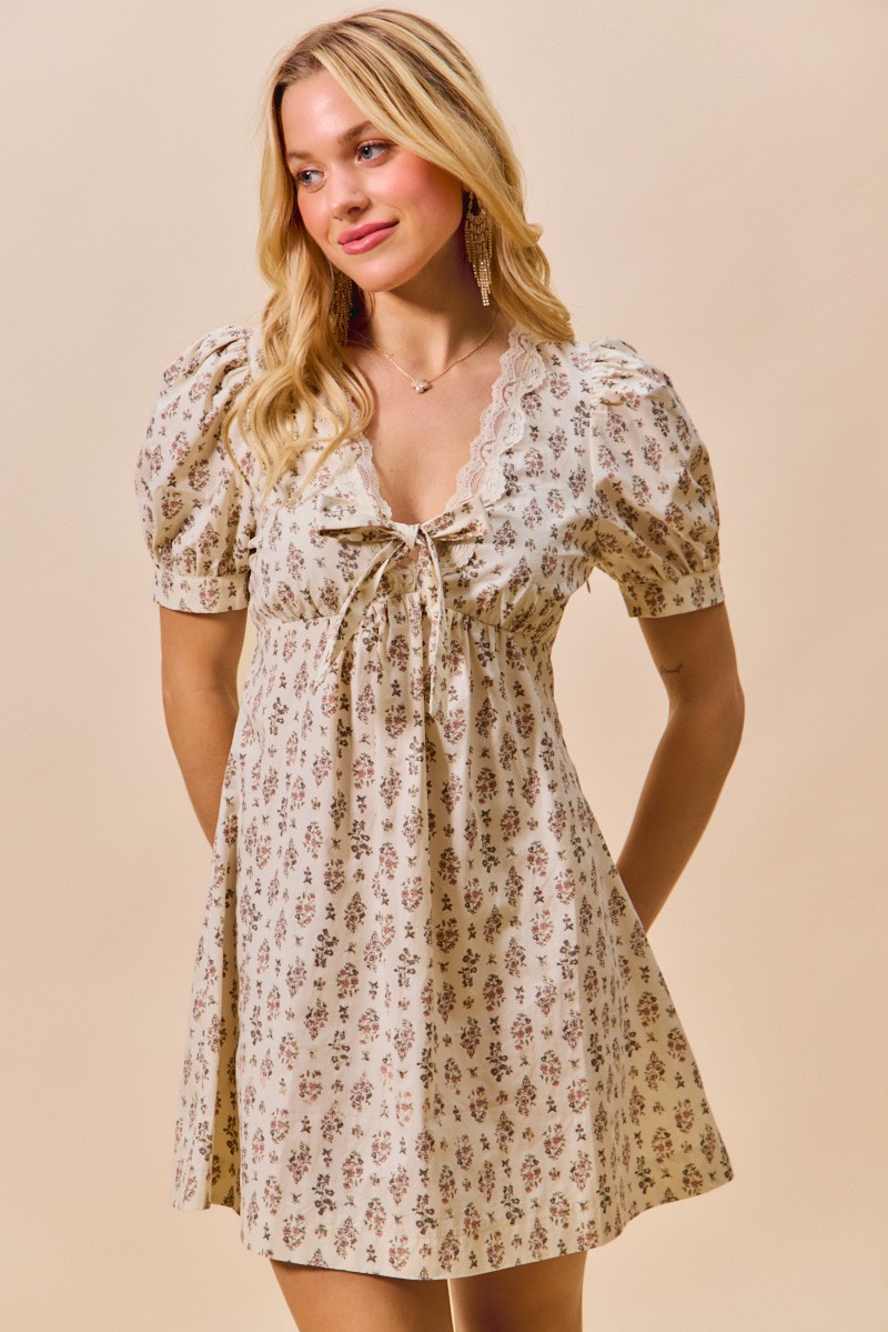 SO ME Floral Print Lace Trim Short Sleeves Mini Dress