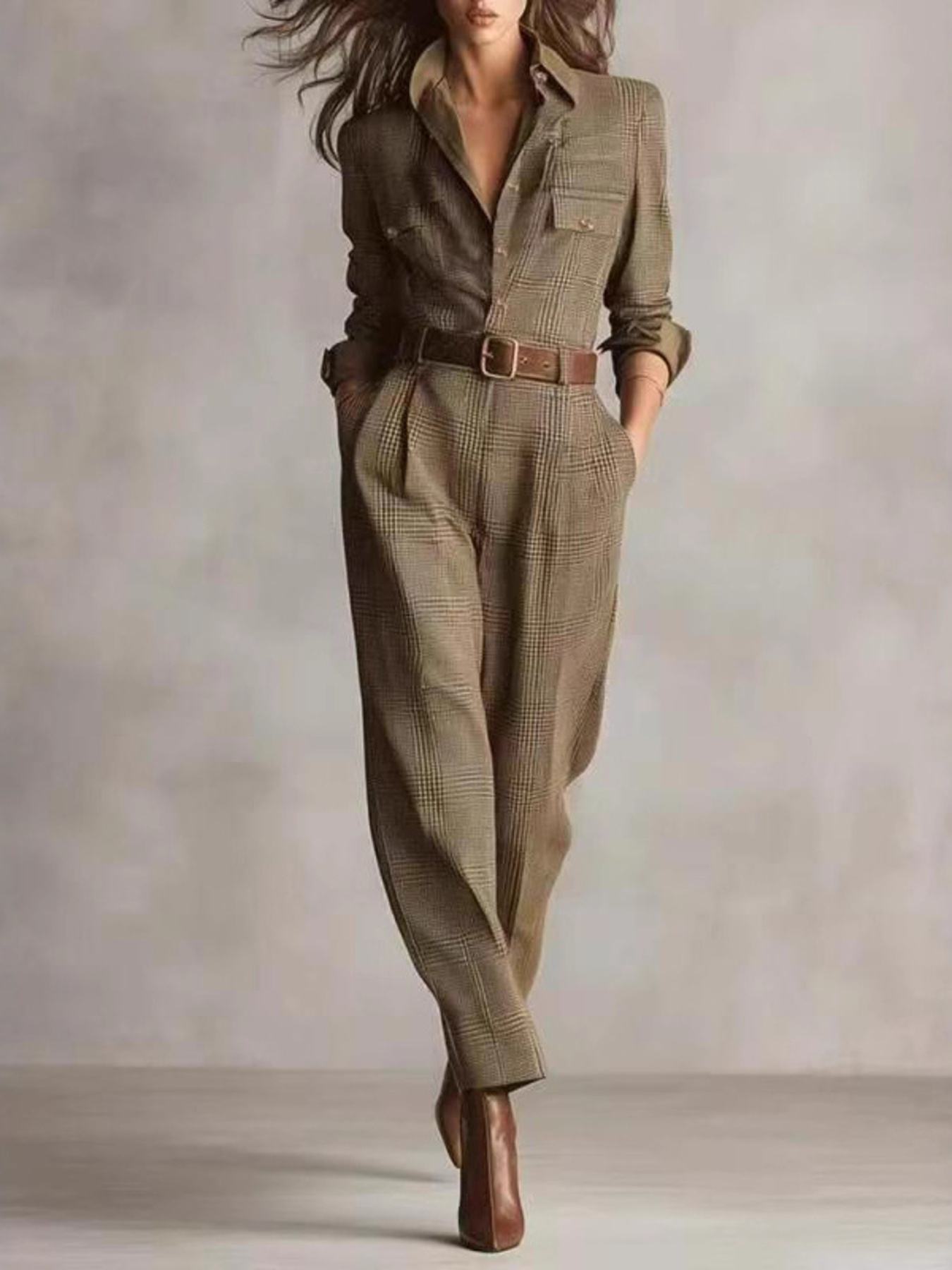 Button Front Long Sleeve Jumpsuit