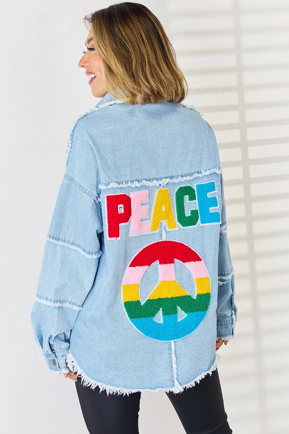 Peace Raw Hem Dropped Shoulder Denim Top