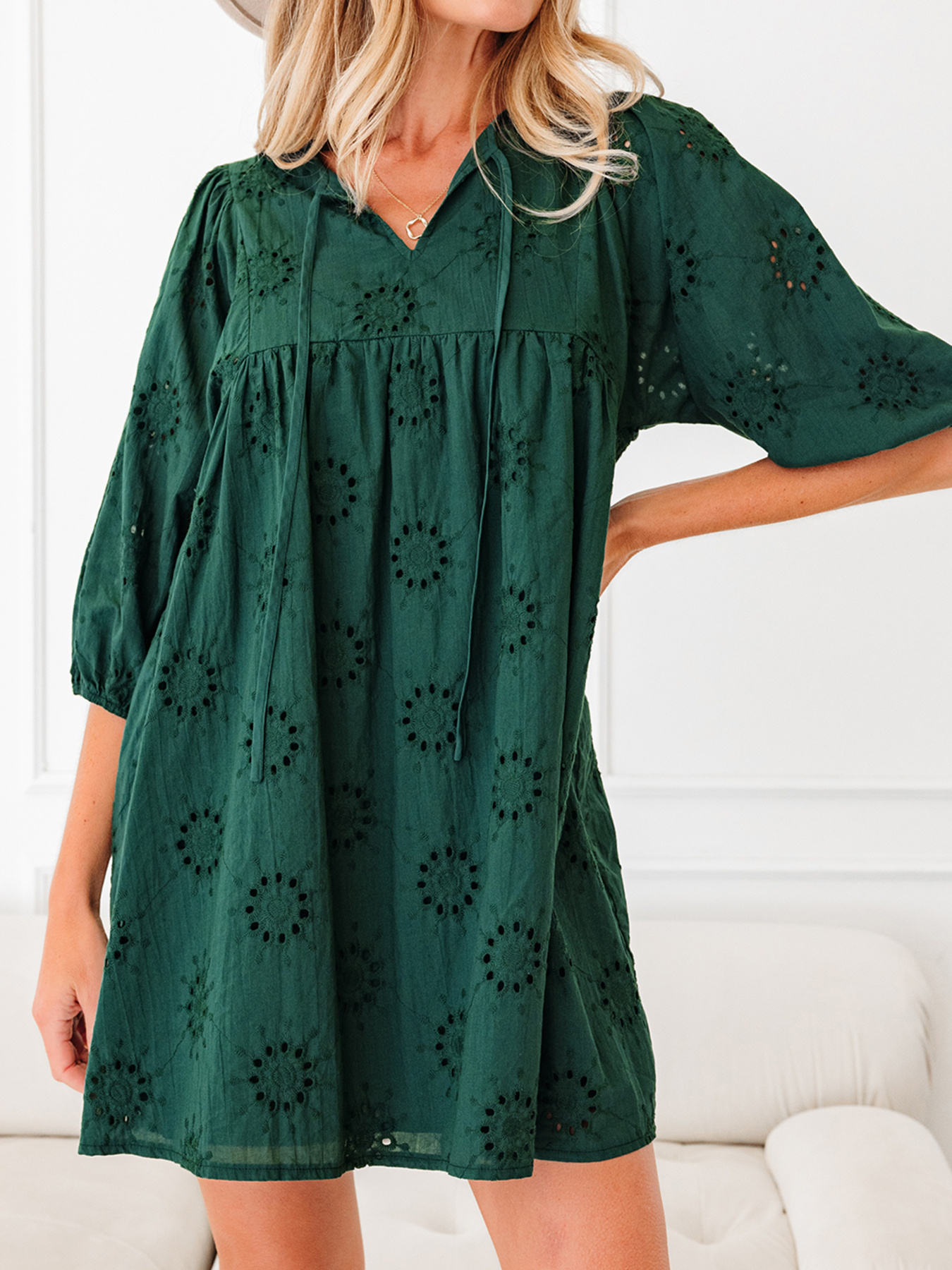 Embroidered Eyelet Pattern 3/4 Puffy Sleeve Swing Mini Dress