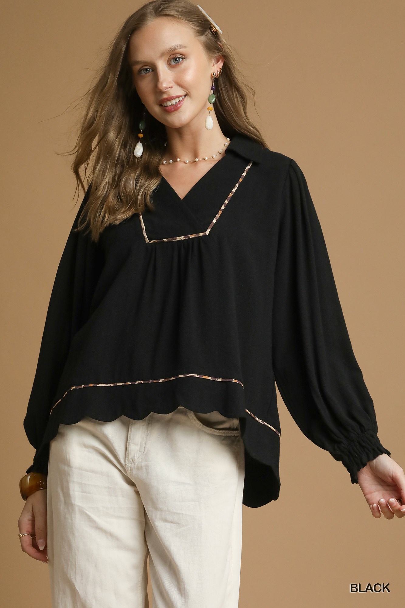 Umgee Full Size Linen Scallop Hem Blouse With Contrast Trim Plus Size