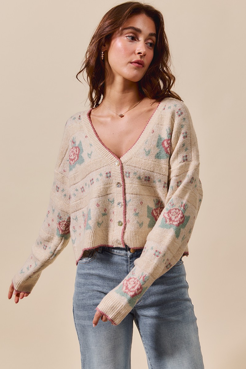So Me Floral Pattern Long Sleeve Button Sweater Cardigan