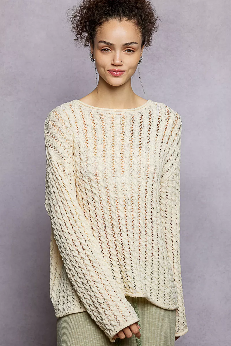 POL Openwork Round Neck Knit Top with Shiny Detail