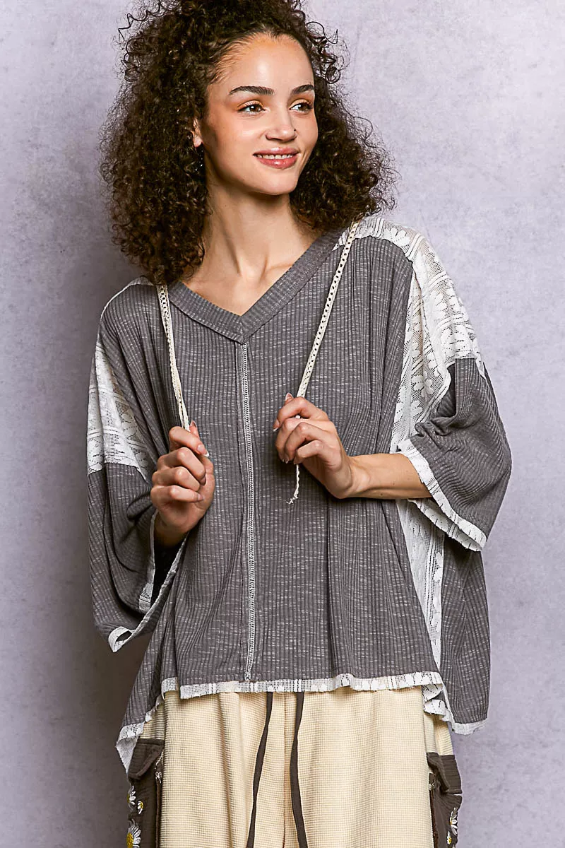 Pol Short Sleeve Hoodie Top With Lace Detail