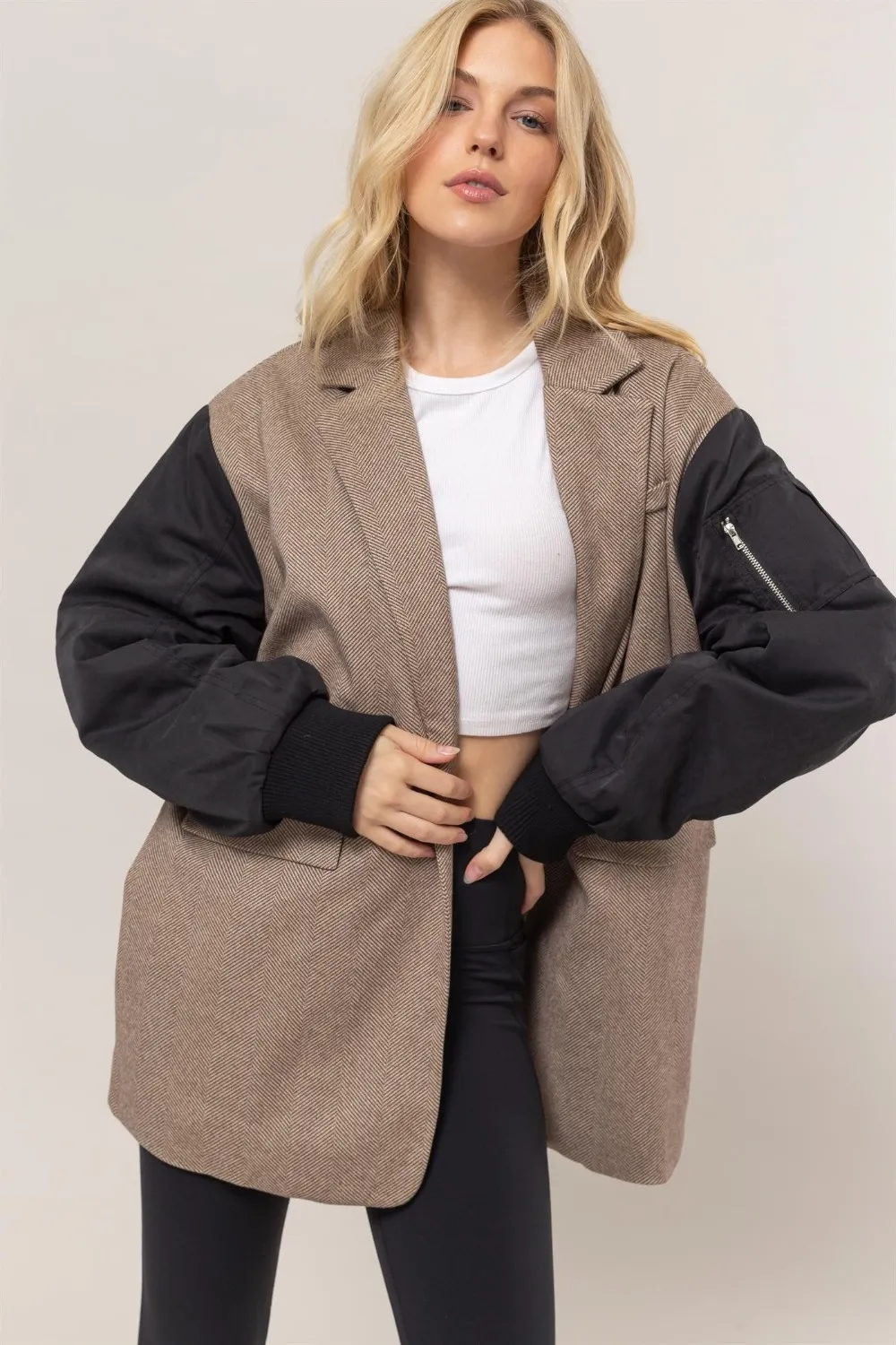 Hyfve Herringbone Mixed Media Contrast Long Sleeve Blazer