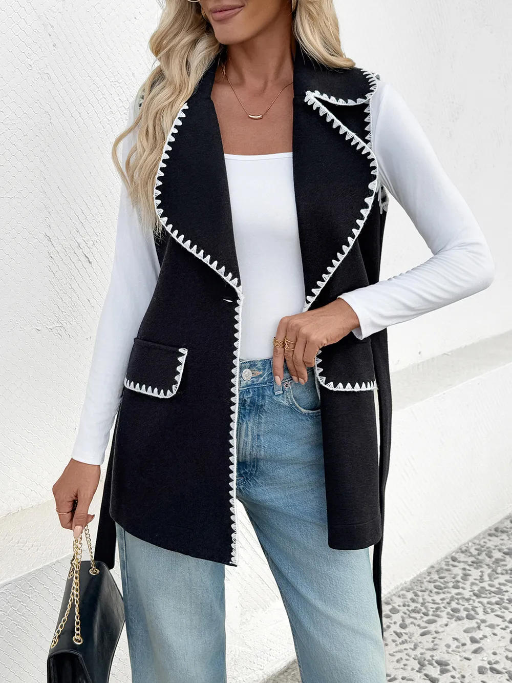 Contrast Trim Collared Neck Vest Coat