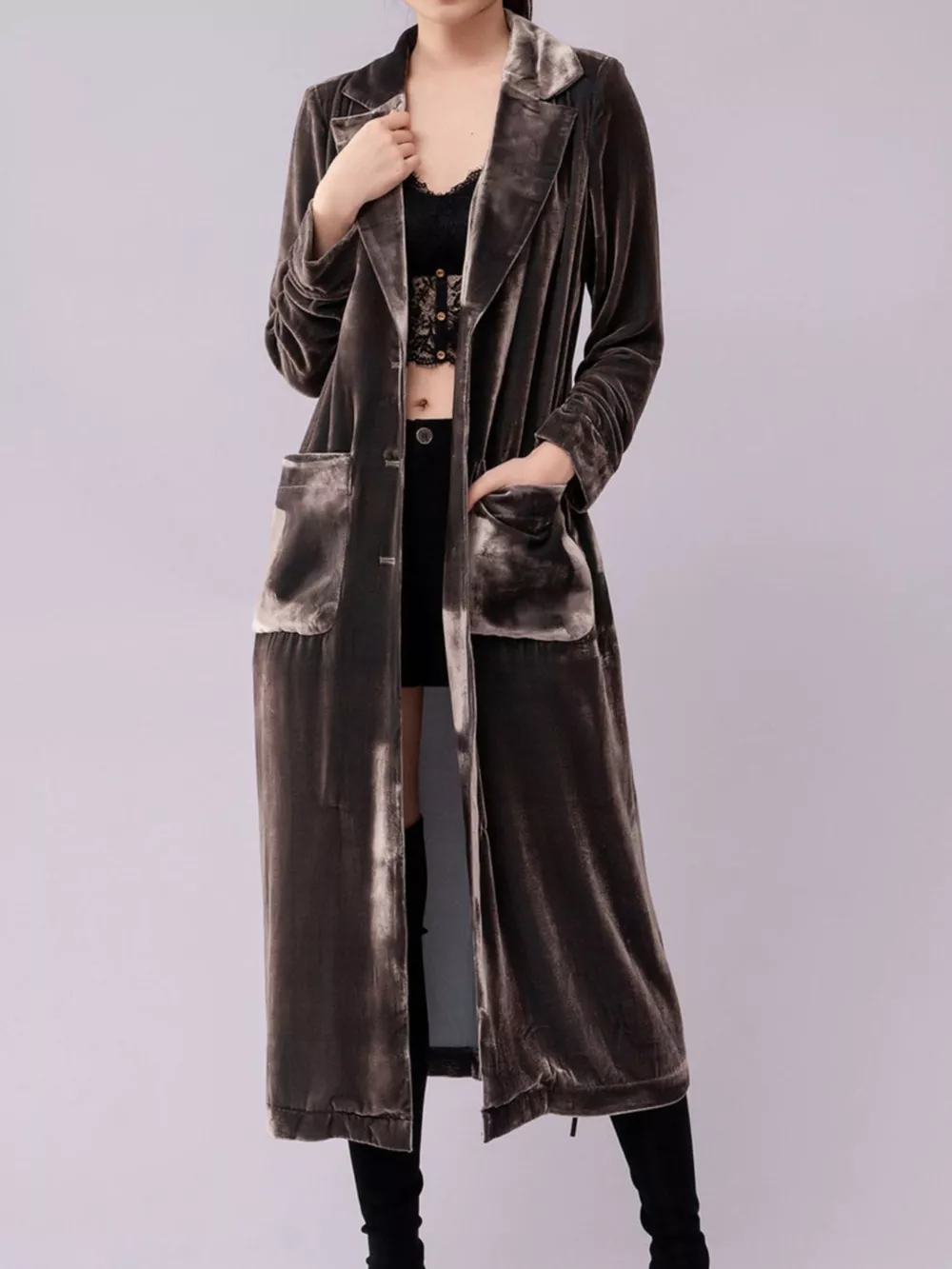Velvet Lapel Collar Longline Coat