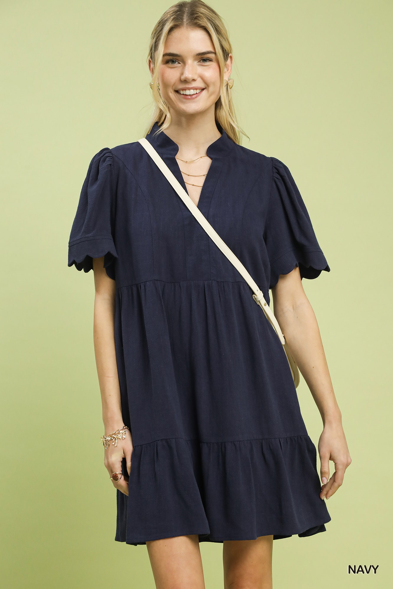 Umgee Linen Tiered Babydoll Dress with Scalloped Sleeves
