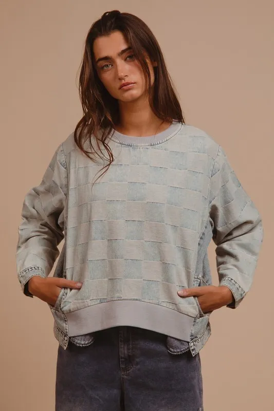 Bibi Mineral Washed Checkered Round Neck Denim Top