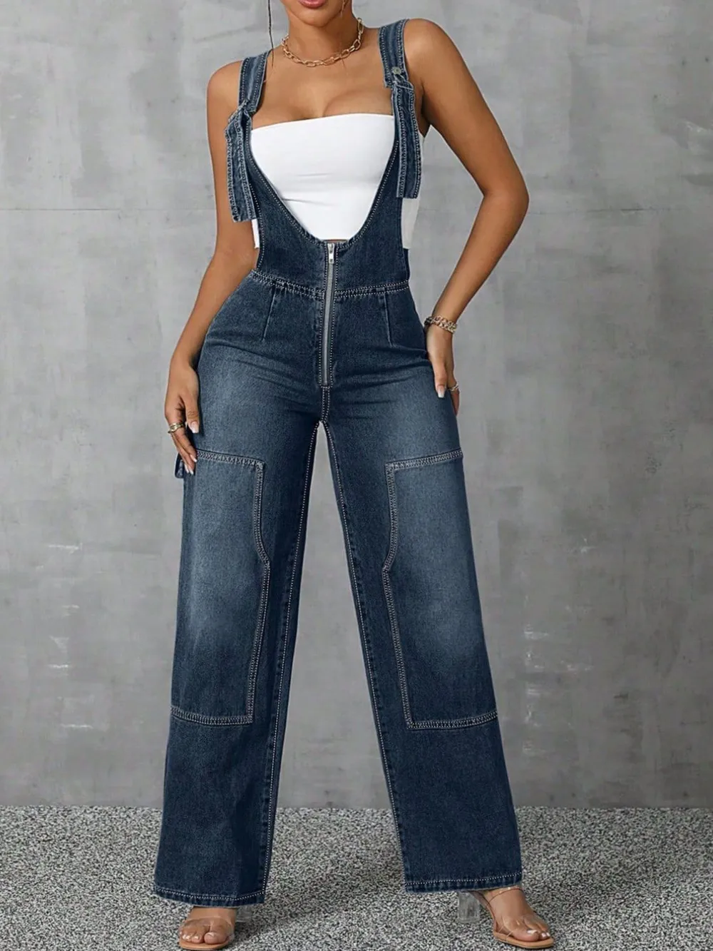 Zip Front Wide Strap Denim Overalls