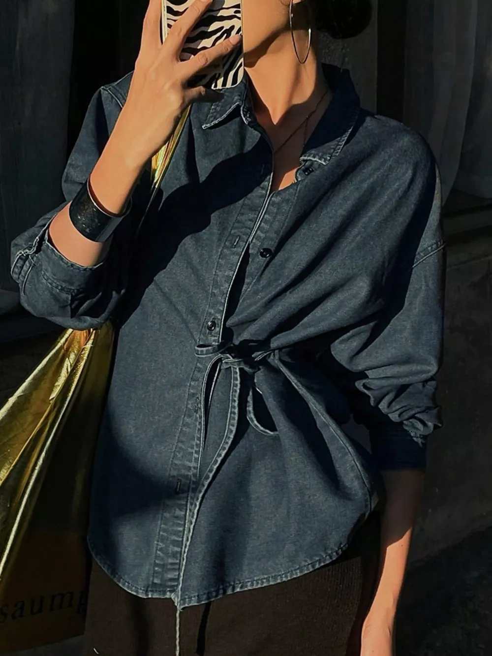 Tie-Waist Long Sleeve Denim Jacket