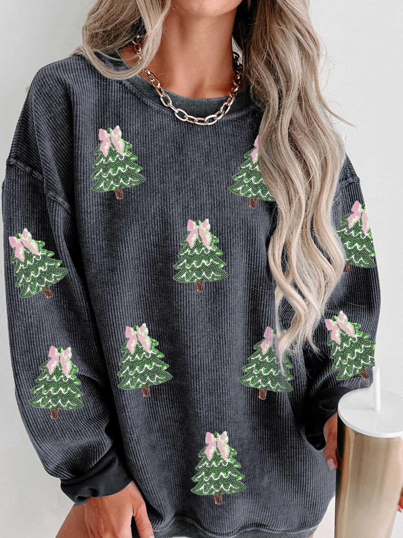 Ribbed Round Neck Sequin Christmas Tree Patched Baggy Sweatshirt