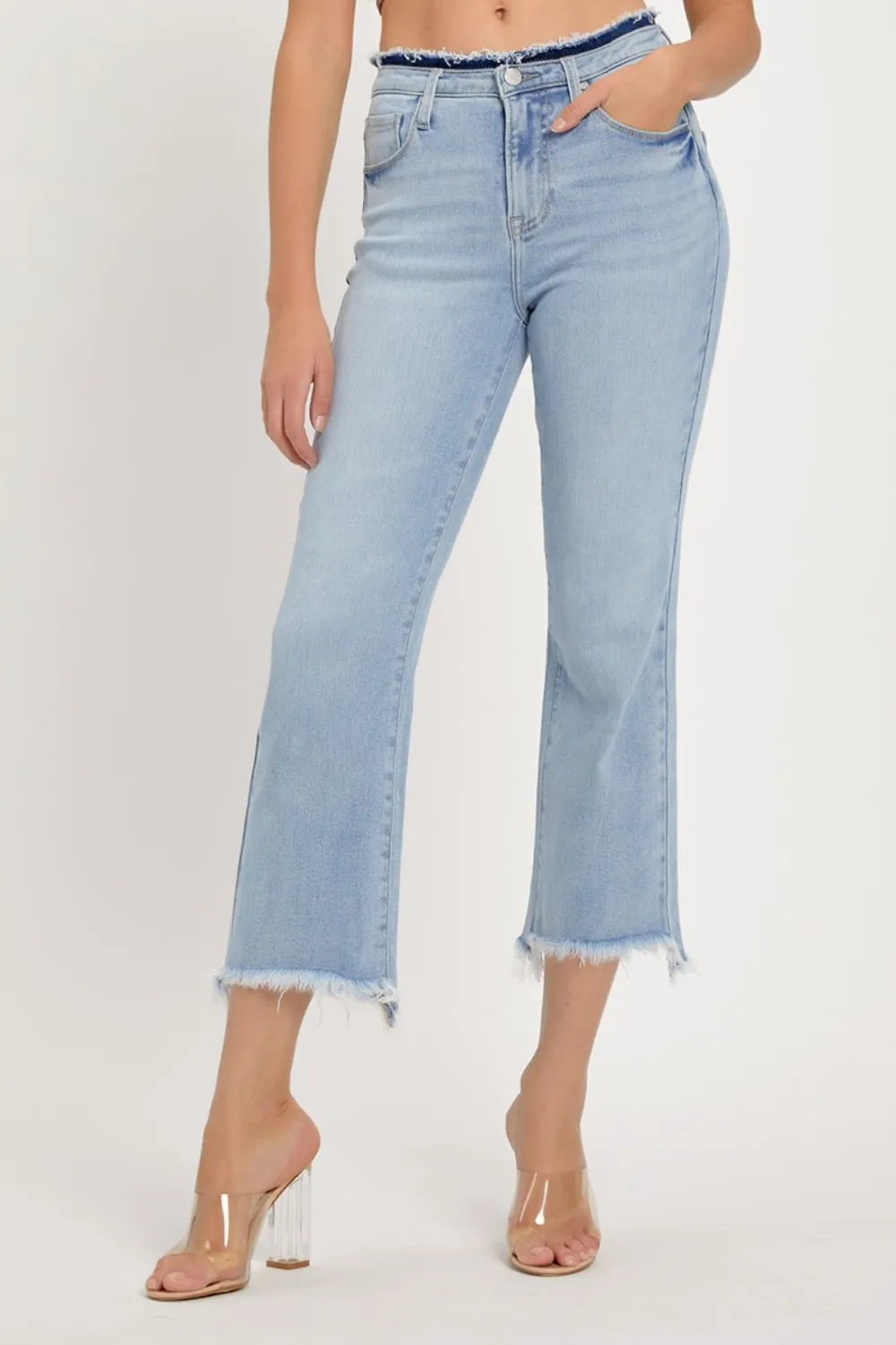 Risen Full Size High Rise Raw Edge Crop Jeans