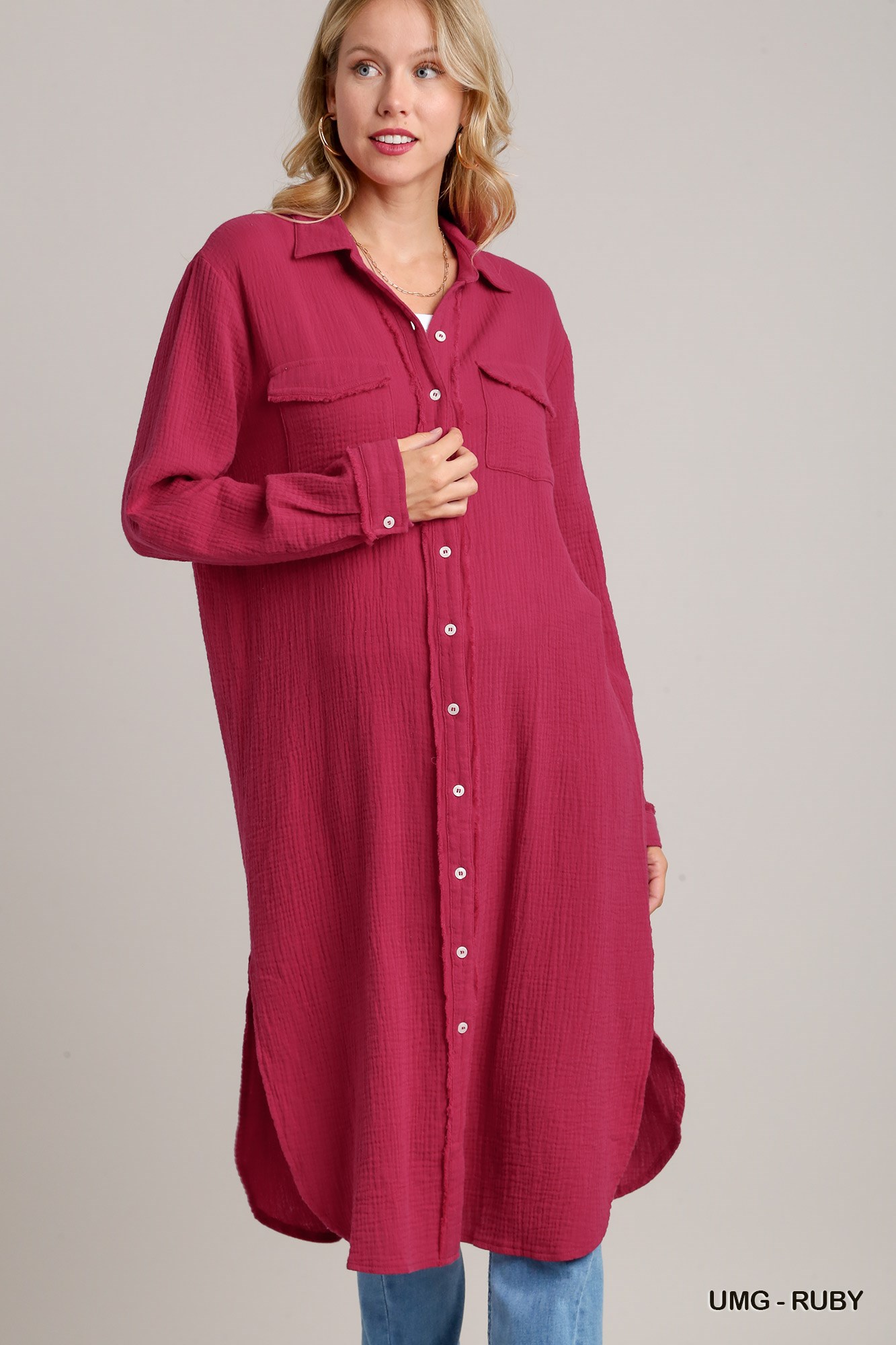 Umgee Cotton Gauze Button Down Shirt Dress