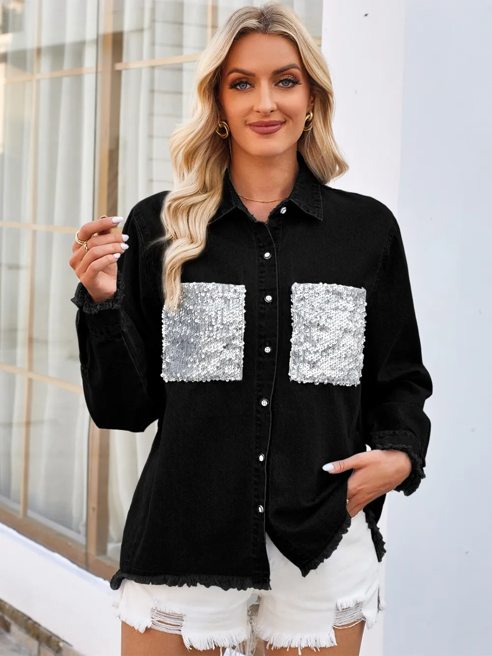Raw Hem Button Up Long Sleeve Denim Jacket With Sequin Pockets