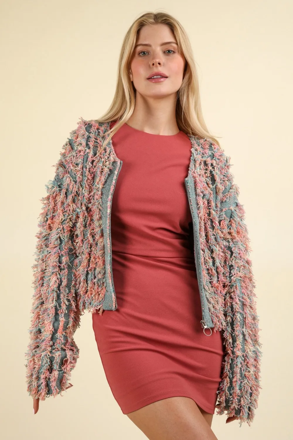 Very J Shaggy Yarn Knit Zip Up Jacket