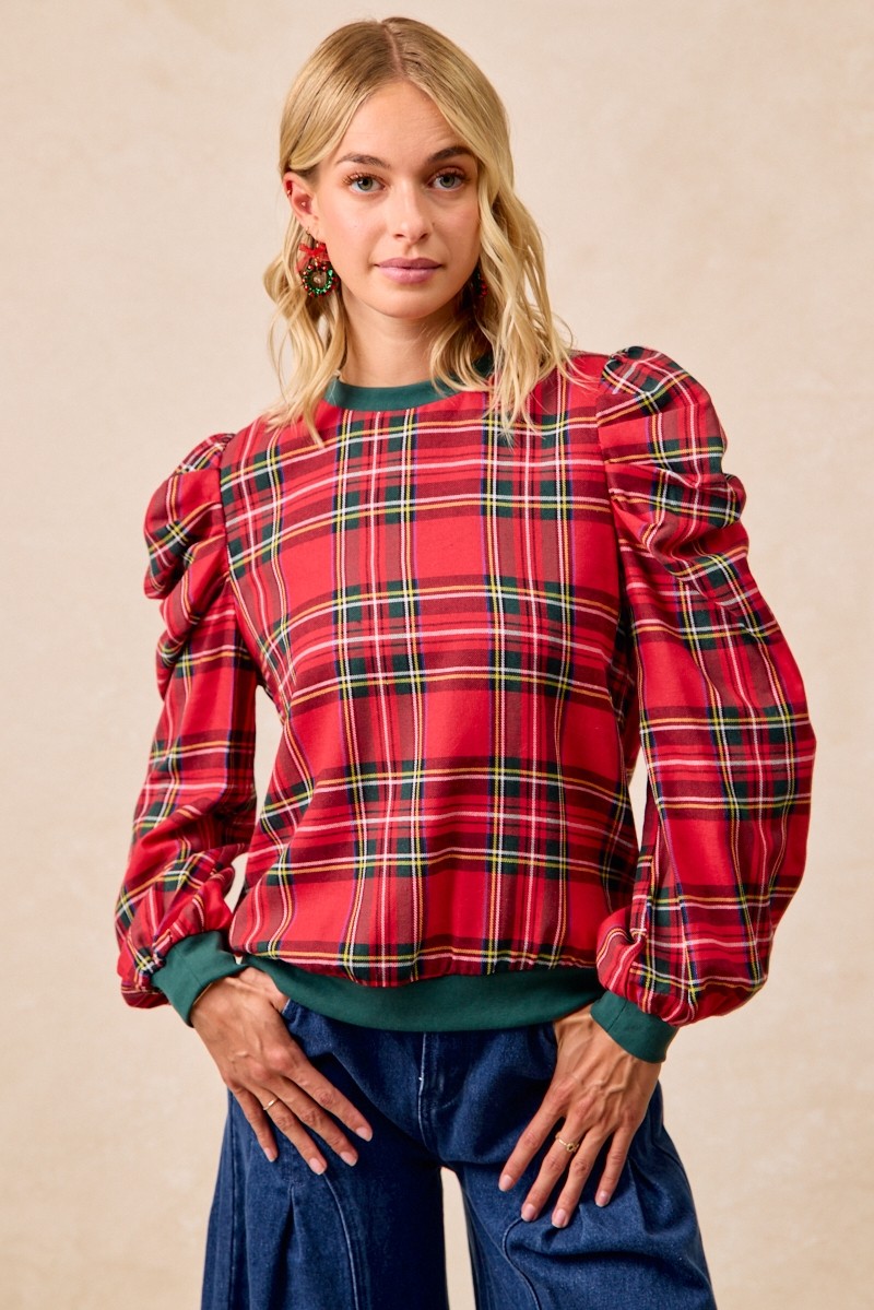 Bibi Christmas Plaid Exaggerated Shoulder Sleeves Top