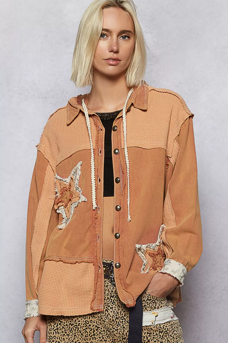 POL Button Down Hooded Jacket with with Star Patch Pattern
