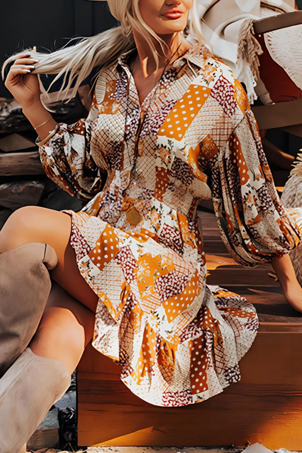 Printed Collared Neck Three-Quarter Sleeve Mini Shirt Dress