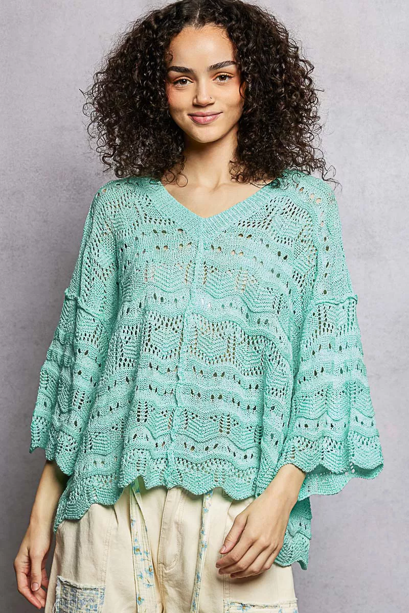 POL Drop Shoulder V-Neck Knit Top with Scalloped Hem