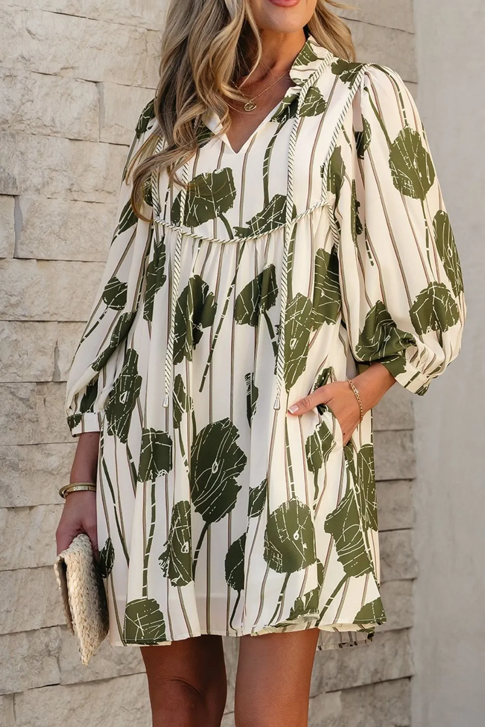 Printed Tie Neck Balloon Sleeve Dress