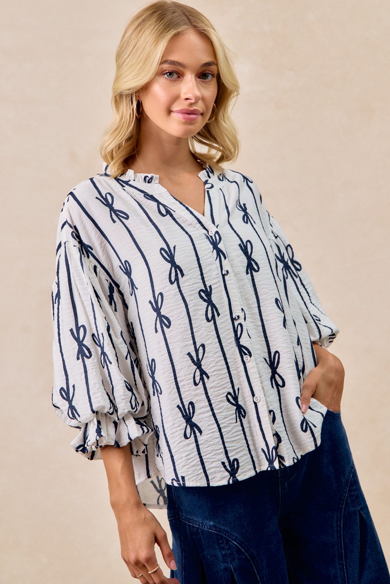 Bibi Bow Ribbon Printed Woven Bubble Sleeves Top