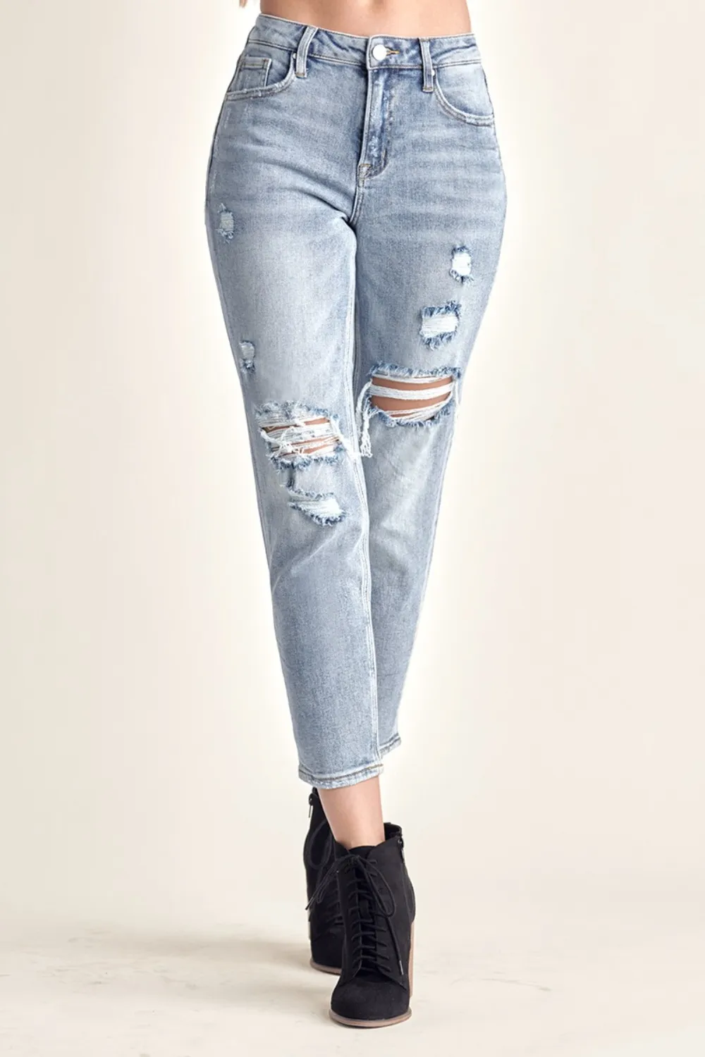 Risen Distressed Slim Cropped Jeans