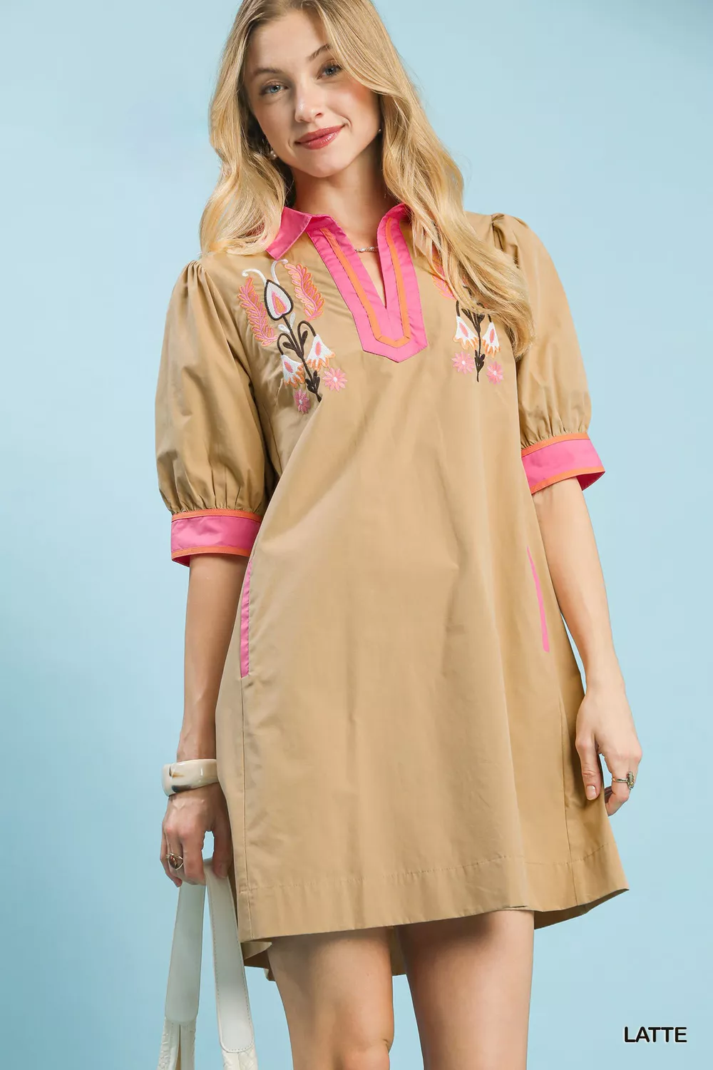 Umgee Embroidered Contrast Trim Tunic Dress