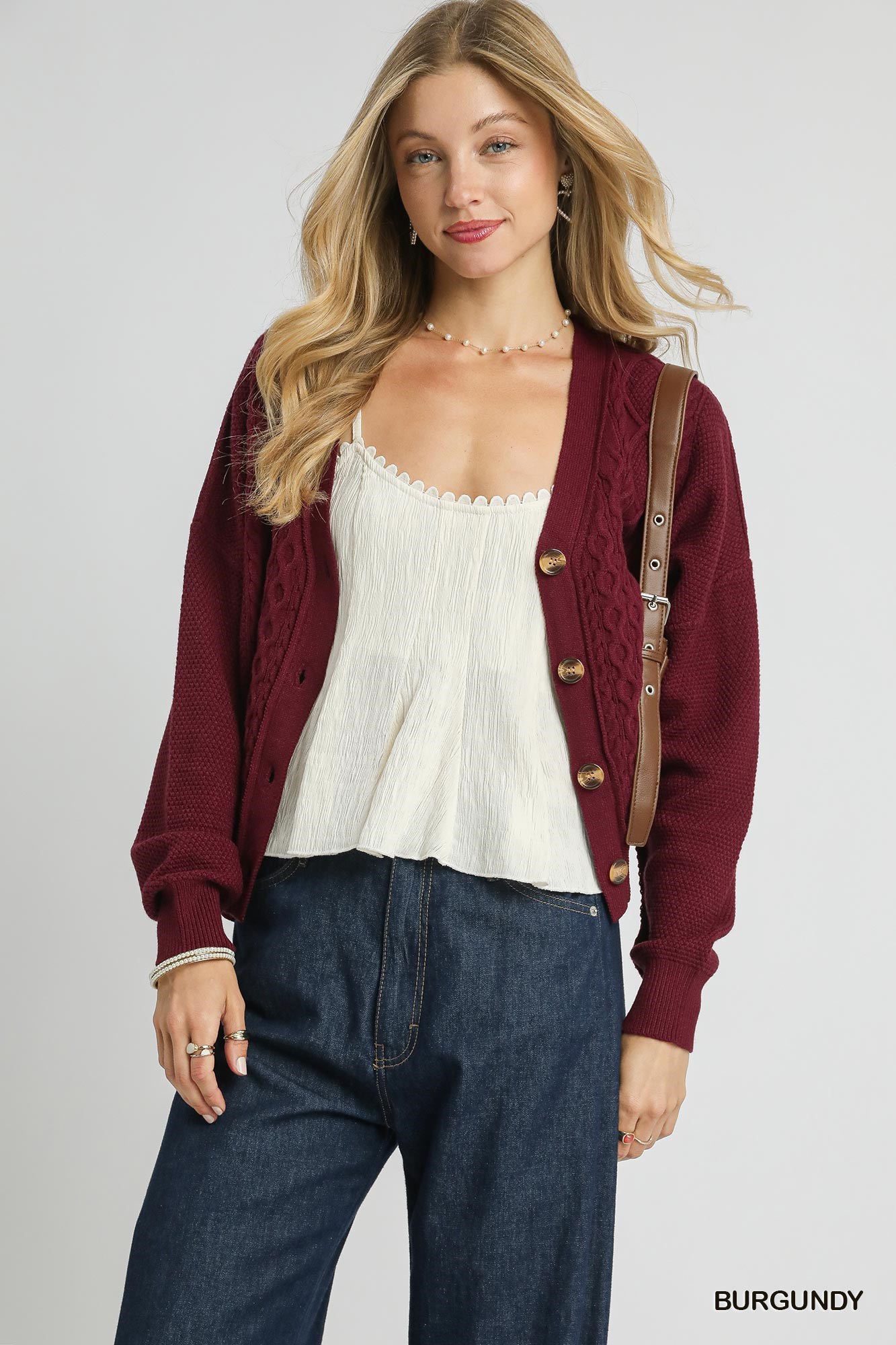 Umgee Chunky Cable Knit V-Neck Button-Up Cardigan