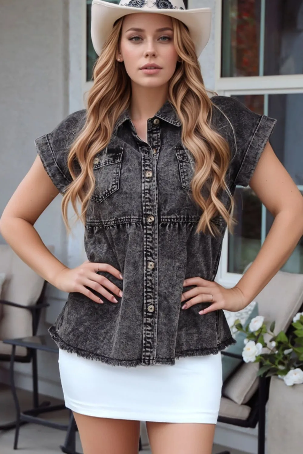 Short Sleeve Flap Pocket Button Up Raw Hem Denim Shirt