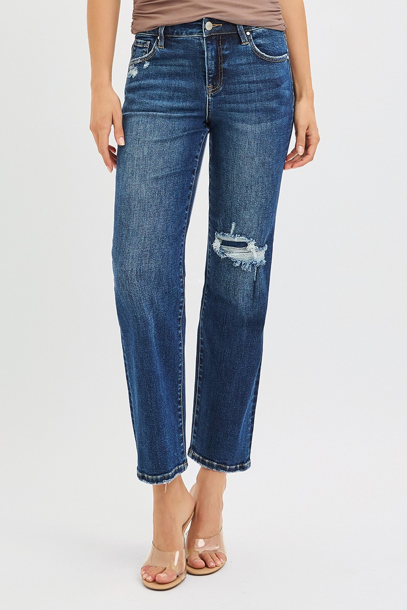 Risen High Rise Crop Slim Straight Jenas With Hidden Knee Patch