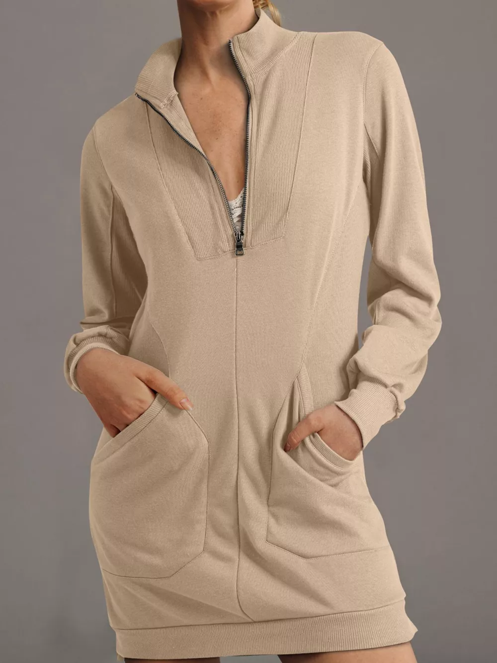 Zip Up Collared Ribbed Patchwork Sweatshirt Dress with Pockets