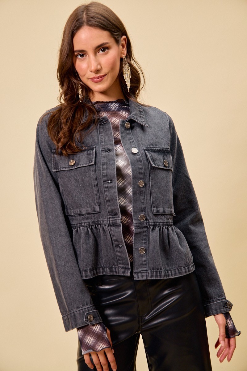 So Me Denim Peplum Hem Front Button Jacket With Pockets
