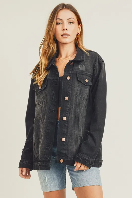 Risen Full Size Distressed Long Sleeve Denim Jacket