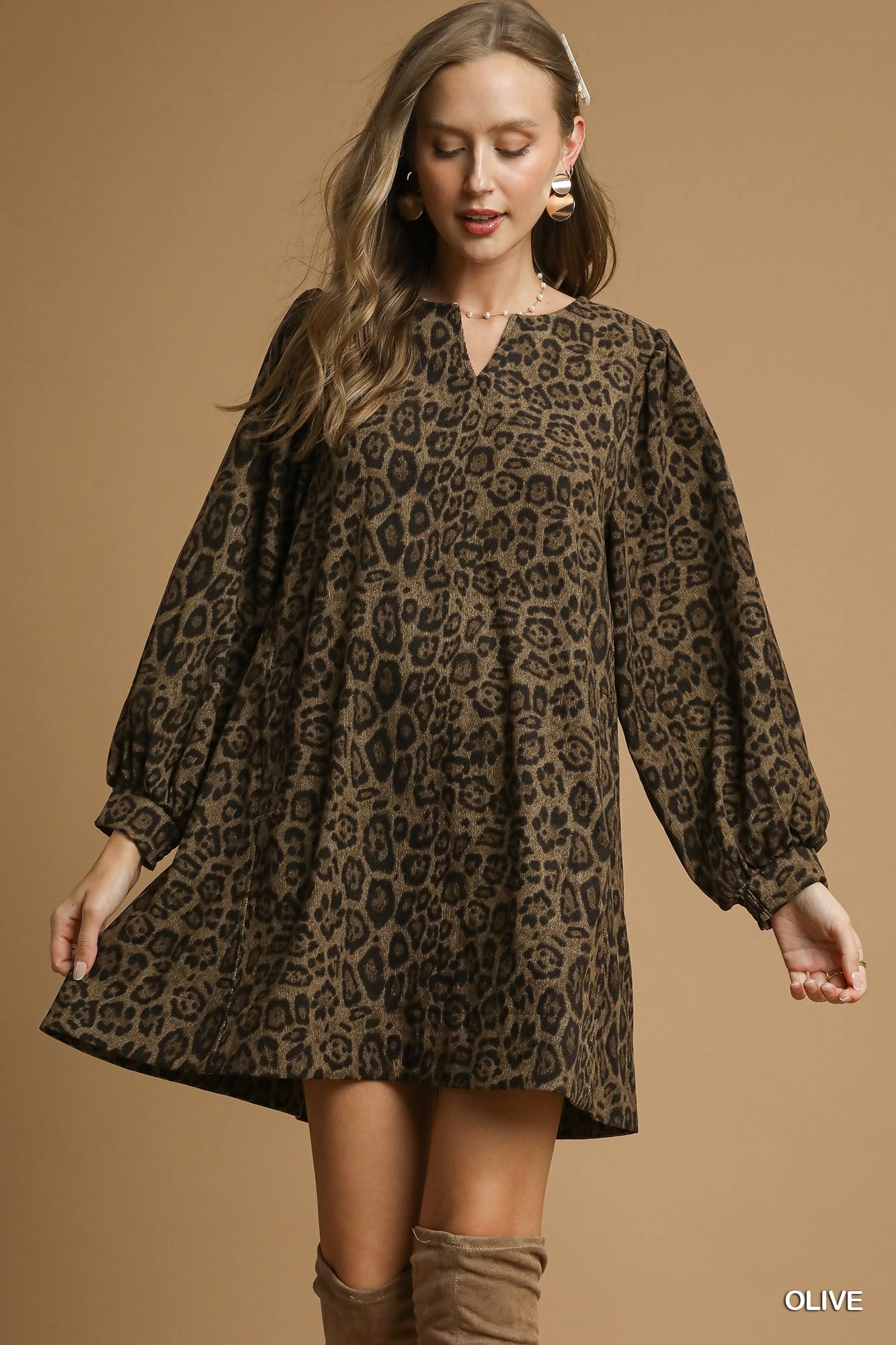 Umgee Leopard Print Long Sleeve Swing Dress