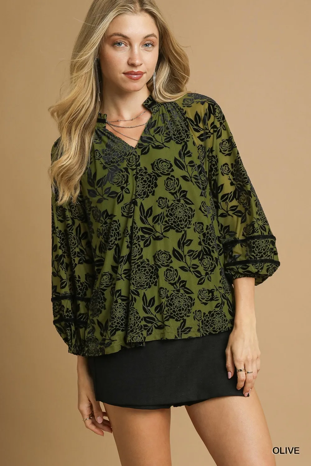Umgee Full Size Floral Velvet Blouse with Balloon Sleeves Plus Size