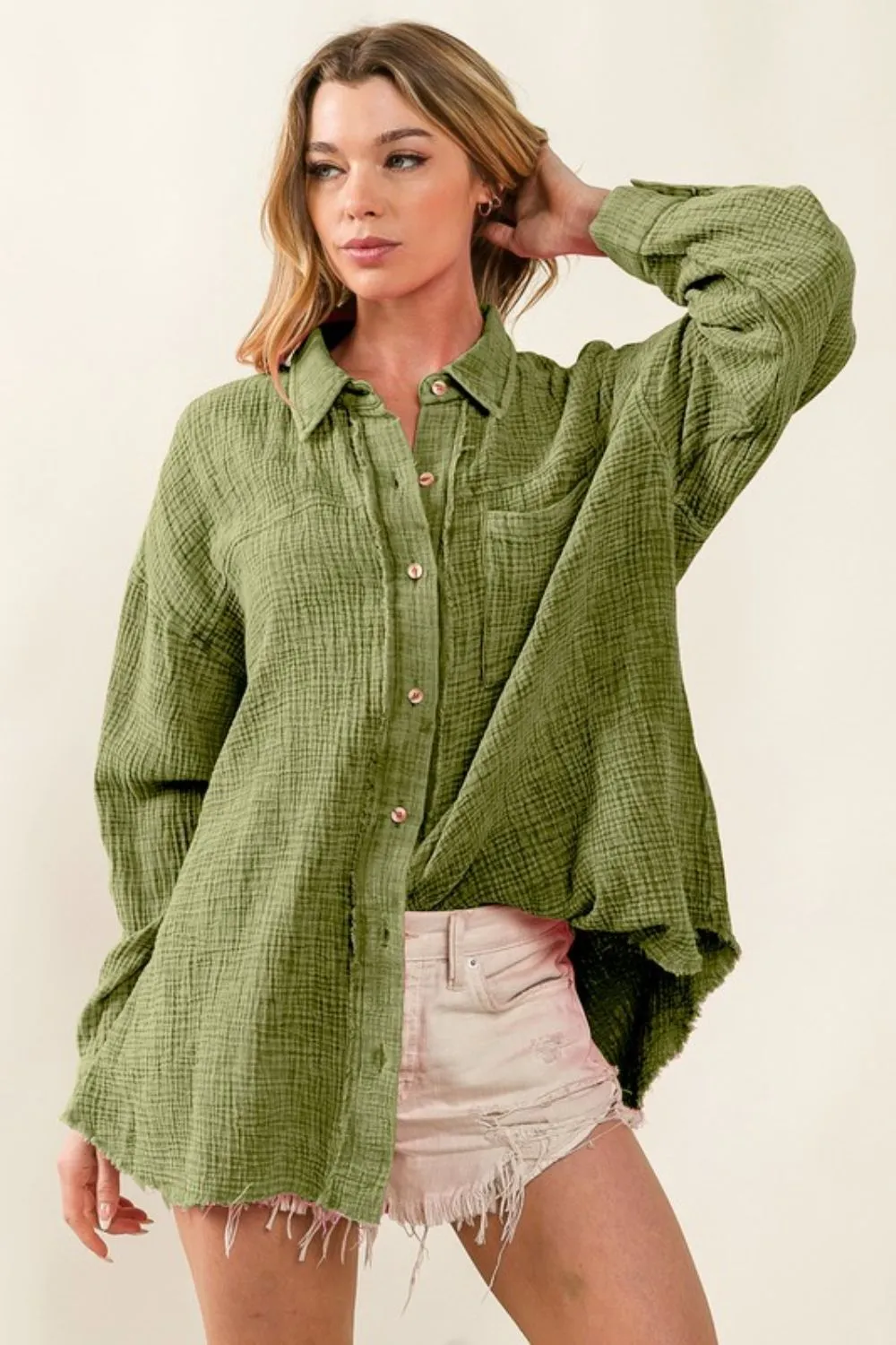 Bibi Raw Edge Detailed Mineral Washed Loose Fit Shirt