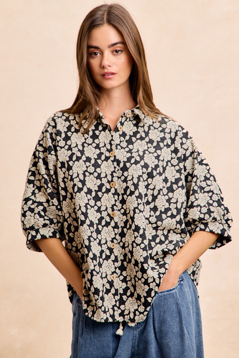 Bibi Floral Jacquard Short Dolman Sleeves Shirt